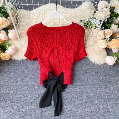 Women New Fashion Hollow Backless Lace-up High Waist Slimming Short Tops Lady Short-Sleeved Sweater Pullovers L584