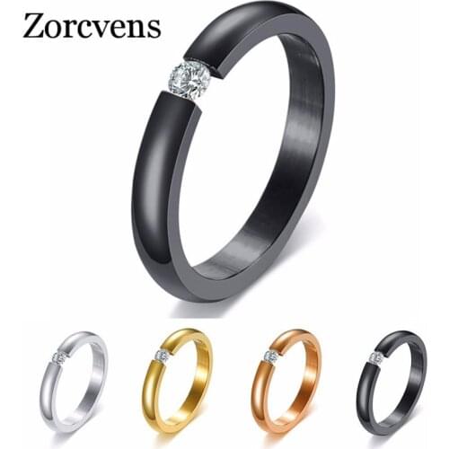 Modyle Top Quality Concise Zircon Wedding Stainless Steel Rose Gold Black Color Ring for Woman Never Fade Jewelry