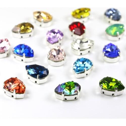 12pcs drop cristal glass strass rhinestones with silver claw sew on rhinestone applique for needlework shoes clothes dress