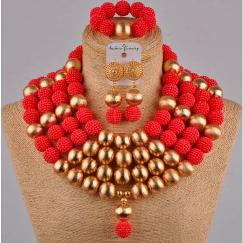 Red african wedding beads simulated pearl nigerian necklace jewelry sets FZZ33