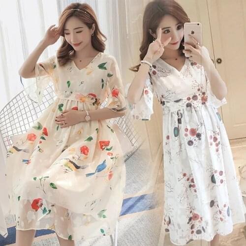 Summer Korean Fashion Print Maternity Nursing Long Party Dress Ties High Waist Slim Breastfeeding Clothes Chiffon Breast Feeding