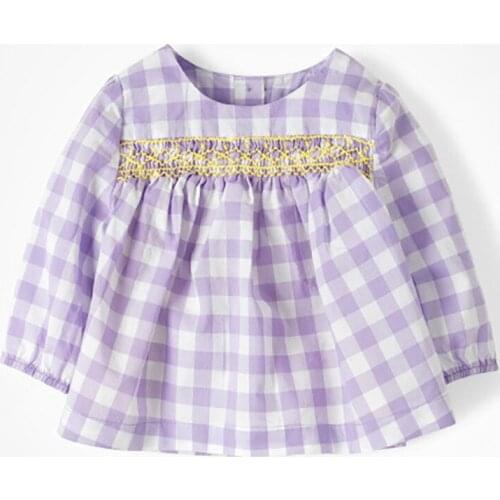 Little Maven New Autumn Spring Kids O-neck Purple Plaid Printed Lace Button Full- sleeved Cotton Girls Woven Casual Tshirt Tops