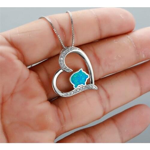 Trendy Female White Blue Opal Pendants Necklaces Charm Love Heart Wedding Necklaces For Women Cute Crystal Heart Long Necklace