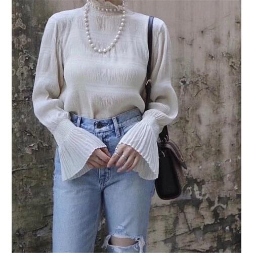2020 autumn new product Moses all-match full body pressure crepe flared sleeve bottoming solid color chiffon shirt top