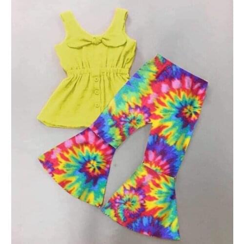 New design baby girls tunic top light yellow colorful dyed printed design kid clothing set80