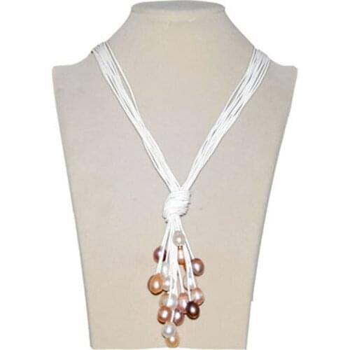White Trendy New Design Multi Strand Natural White Rice Pearl Lariat Leather Necklace