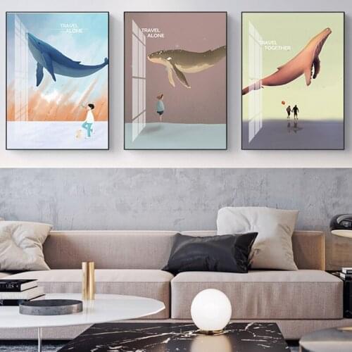 Nordic Cartoon Animal Art Poster Warm Color Humpback Whale Canvas Painting For Boys Bedroom Home Wall Pictures Printed On Canvas