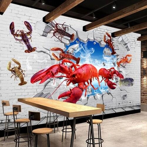 Custom 3D Red Crayfish Broken Wall Tooling Poster Mural Food Grill Restaurant Kitchen Decoration Photo Wallpaper Wall Painting