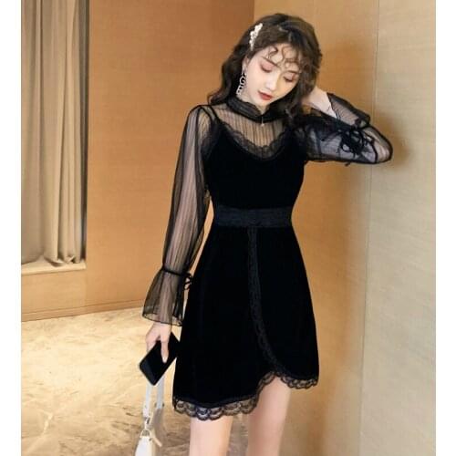 Big Size Casual Vintage Autumn Winter Two Piece Set Black Lace Blouse and Spaghetti Strap Mini Dress Ladies Party 2 Piece Set