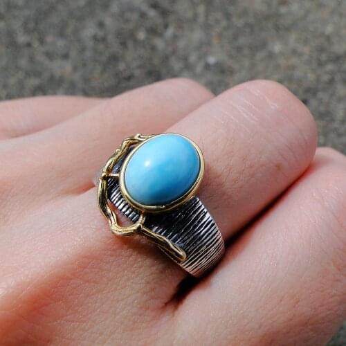 Antique 925 Silver Resizable Ring Natural Dominica Larimar Engagement Wedding Ring For Women