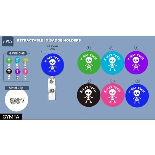 3PCS Colorful Skull X-Ray Retractable ID Badge Reel