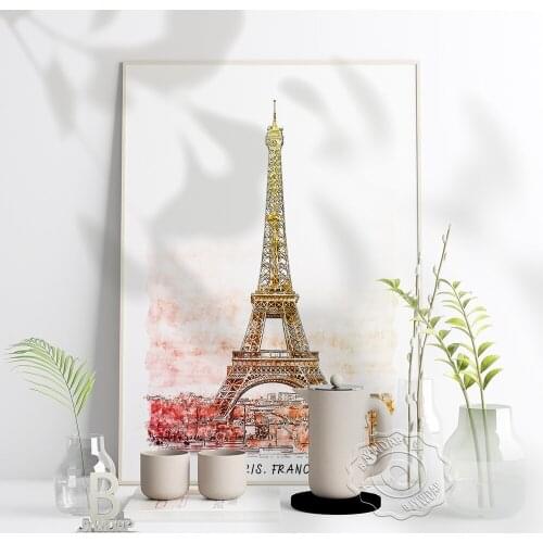 Watercolor City France Paris Poster, Beautiful France Scenery Art Print, World Travel Paris Tower Wall Stickers Home Room Decor
