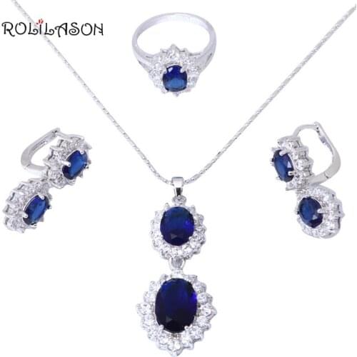 Glittering Blue Silver filled Fashion jewelry AAA zircon Jewelry Sets Earrings Necklace rings sz #6.75 #7#7.75 JS408