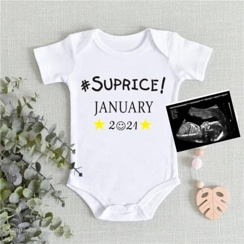 Suprice January 2021 Newbron Announcement Baby Bodysuit Summer Short Sleeve Fashion Pregnancy Reveal Infant Clothes