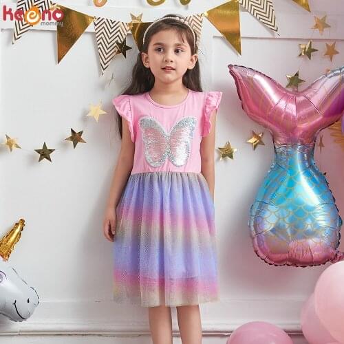 Girls Summer Princess Dress Kids Sequins Butterfly Costume for Children Birthday Party Prom Dresses Flare Sleeve Casual Vestidos