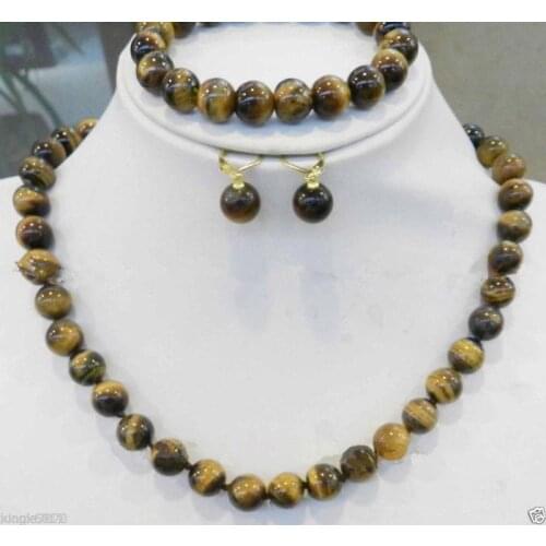Shipping>>new hot Natural 10mm African Tiger Eye Gems Round Beads Necklace Bracelet Earring Set