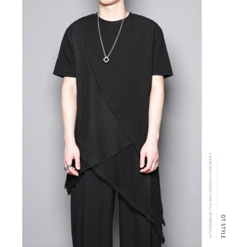Summer Dark Dark Style Yamamoto Asymmetric Mesh Patchwork Hairdresser personality trend fashion short-sleeved t-shirt men trend