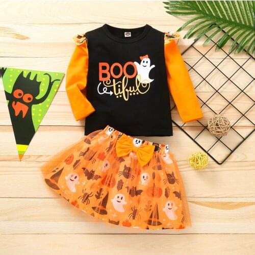Halloween Letter Printed Costume Set Kids Newborn Tops+cartoon Tulle Skirts Outfits Set Baby Girl Clothes（6m-3t）комплекты Одежды
