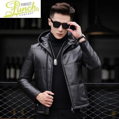 Leather Mens Jacket Winter Genuine Leather Jacket Men Hooded Sheepskin Down Coat Chaqueta Cuero Hombre 91XYR0022 YY272