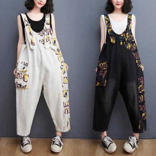 Summer National Style Women Letter Printed Jumpsuits Jeans Streetwear Suspenders Strap Pocket Harem Pants Denim Overalls Rompers