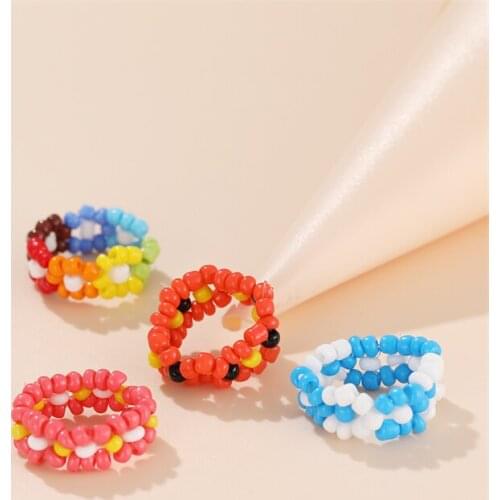 Fashion Colorful Small Flower Ring Korean Version Hand-woven Bead Ring Rice Beads Ring Women Girl Jewelry Small Fresh Style Ring