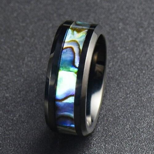 Fashion Abalone Shell Mens Black Tungsten Carbide Ring Classic 8mm Beveled Edged Tungsten Engagement Ring Mens Wedding Band