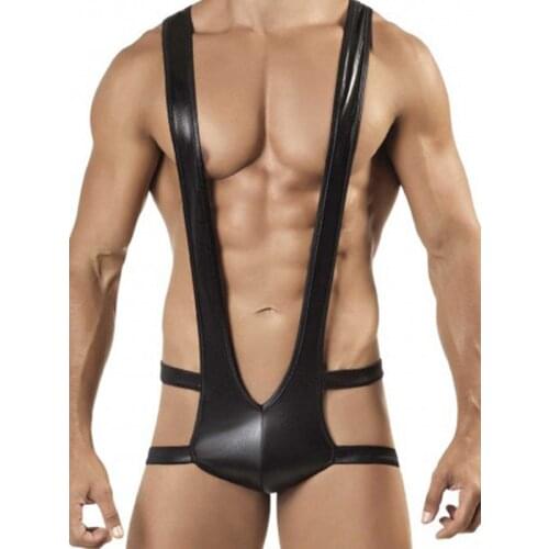 Mens Vinyl Wrestling Singlet Lingerie Bodysuit Pouch-Short Sexy Man Cut Out Teddy Underwear Body Suit Erotic Lingerie M-XXL