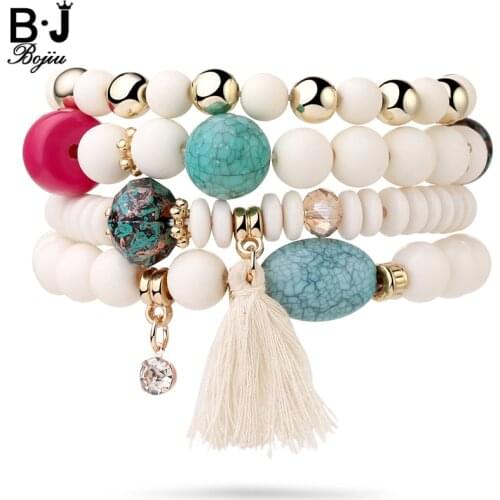 BOJIU Bracelet Sets Resin Beads Bracelet For Women Bar Bracelet Sets of 4pcs Bohemia Tassel Womens Bracelets BCSET16
