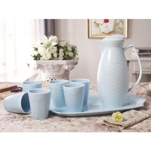 Modern Style Elegant Bone China Water Kettle and Cup Set with Engraving Pattern Blue Colour