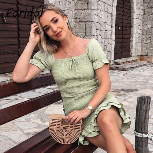 Foridol Bowknot Bodycon Green Summer Dress Short Sleeve Boho Beach Short Mini Dress Ruffle Women New Clothing 2021