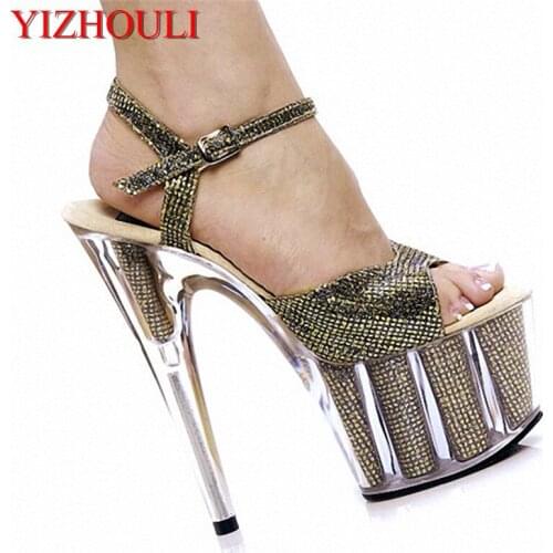 Wholesale ultra fine with waterproof 15 cm crystal with fish mouth sandals Sequins decoration new small size shoes