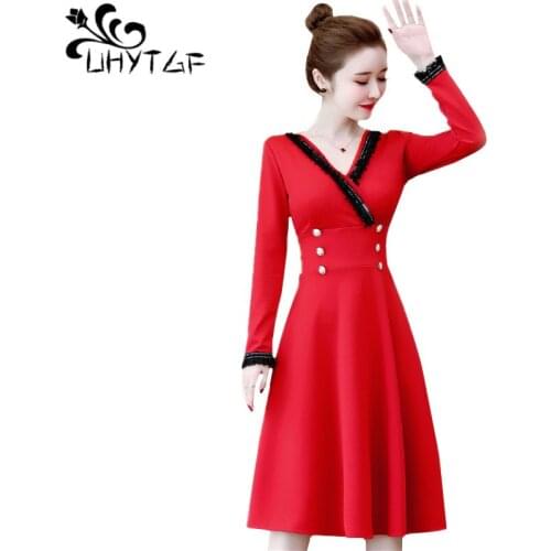 UHYTGF dresses woman party night pullover casual autumn winter dress V-neck 5XL plus size dress Fashion button Bandage dress1296