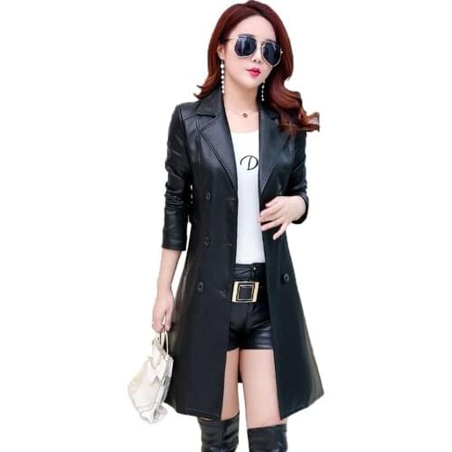 Spring Autumn New Women Long Leather Jacket Plus Size 7XL Ladies Elegant PU Leather Coats Trench Female Outerwear Casual Top 956