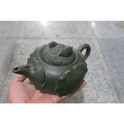 Old Chinese Handcraft Enameled YiXing Zi Sha Clay (green stoneware) Teapot ,Goldfish & Lotus no.40.,with mark,Free shipping
