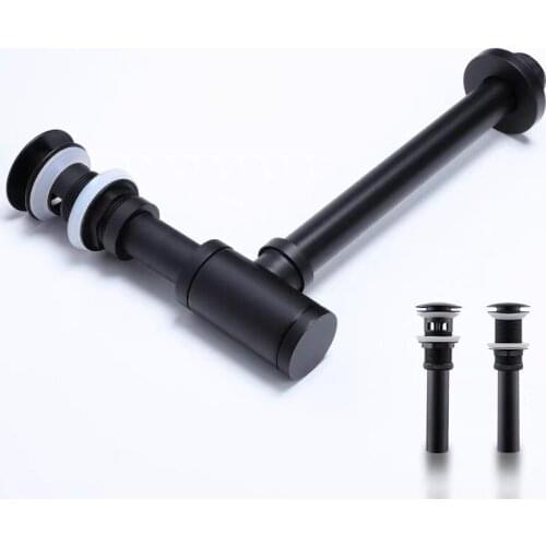 Basin Pop Up Drain Black Brass Bottle Trap Bathroom Sink Siphon Drains with Pop Up Drain Kit P-TRAP Pipe Waste Hardware