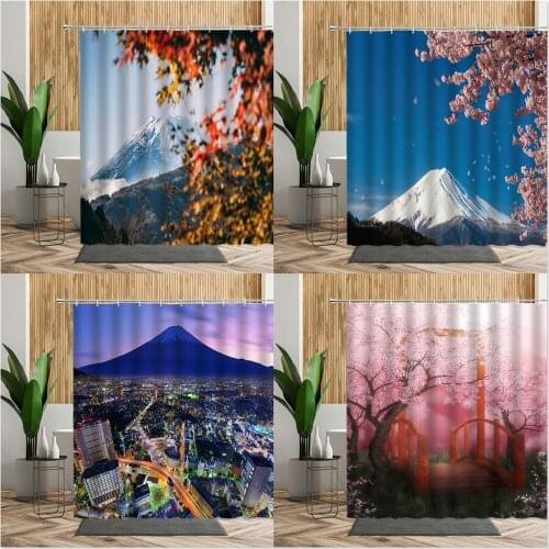 Japan Style Shower Curtain Maple Leaf Cherry Blossom Flower Mount Fuji Landscape Photo Wall Fabric Bathroom Curtains Bath Decors