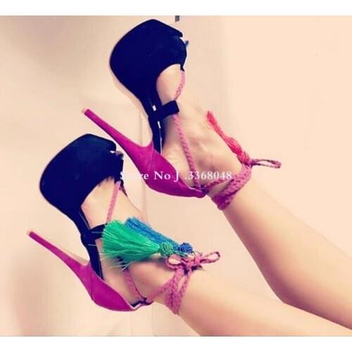 2018 Fashion Mixed Color 14cm Platform Ankle Strap Women Sandals Peep Toe Cut-out Tassel Fringe Women Thin Heels Shoes