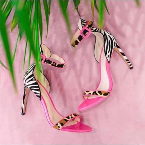 Sexy Mixed Colors Ladies Sandals Ankle Strap Black White Striped Gladiator Shoes Women Cut-out Leopard Strap Women Sandals