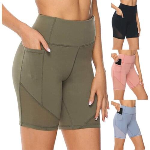 Womens Fitness Sexy Yoga Shorts Pocket Women High Waist Stretch Gym Short Pants Push Up Sport Legging Running Tights