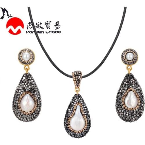 Classic Drop Fresh Water Pearl Earrings Women Jewellery Set Fashion Black Rhinestone Inlaid Pearl Necklace 2020 Wedding Jewelry