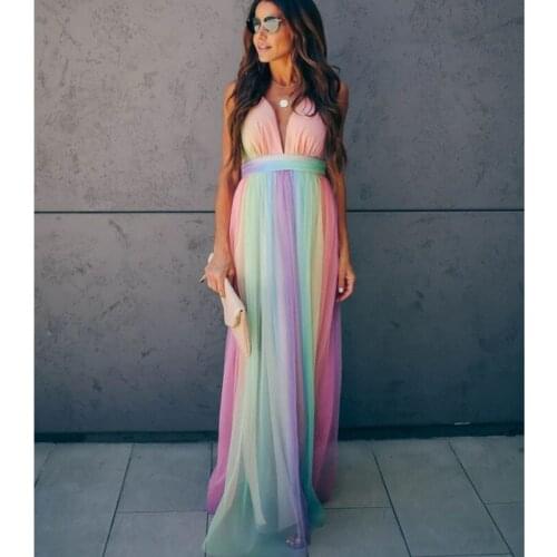 Women Fashion New Rainbow Color Sleeveless V-Neck Mesh Dress Slimming Waist Floor-Length Party Camisole Vestidos
