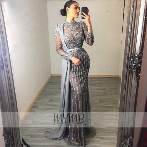 Stylish Luxury Dubai Grey Hajib Formal Party Gowns For Women Beading Long Sleeves Mermaid Mother Of The Bride Dresses Plus Size