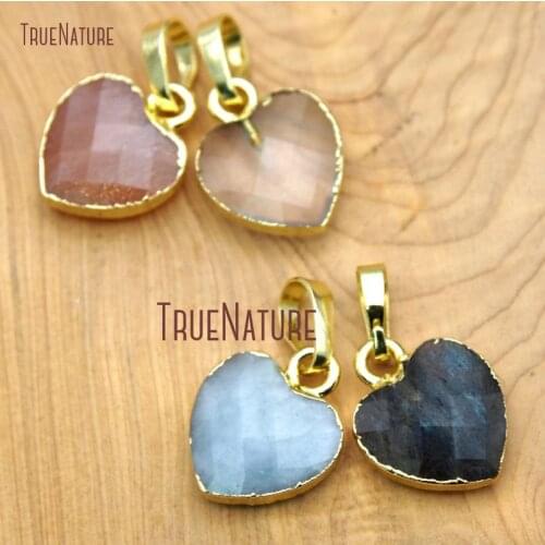10Pcs Gold Color Faceted Heart Pendant Clear Crystal, Labradorite, Aquamarines, Sunstone Pendant For Less 14x11mm PM15649