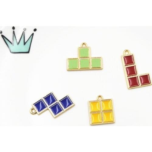 10pcs/pack Tetris Tetromino Game Enamle Charms Metal Pendant Golden Color Earring DIY Fashion Jewelry Accessories