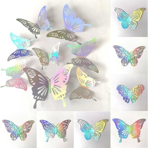 12Pcs 3D Hollow Butterfly Wall Sticker For Kids Room Decoration Home Colorful Gradient Fridge stickers Living Room Wall Decals