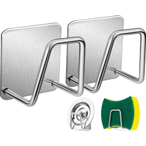 304 Stainless Steel Sponges Holder Self Adhesive Kitchen Sink Toilet Bathroom Multifunctional Hook Holder Storages Hook Rack
