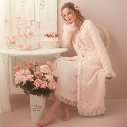 Free Shipping 2017 New Winter Cotton Princess Nightgown Womens Winter Long Robe Pink Color Royal Sleepwear Thicken Pijamas