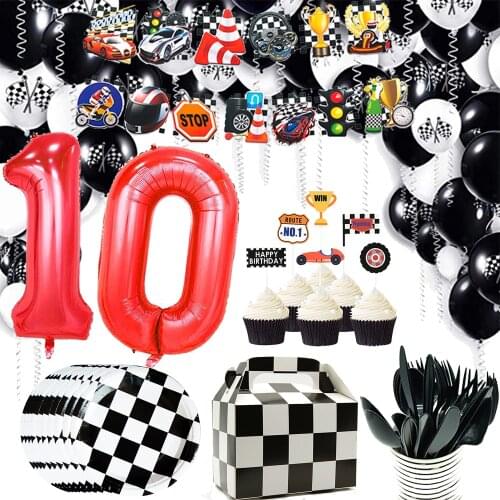 Racing Cars Driving Disposable Tableware Black White Balloons Paper Plates Cup Napkin Set Boy Birthday Party Decoration