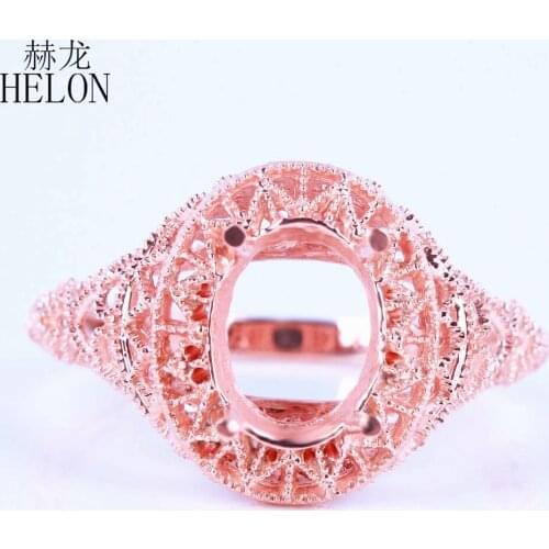 HELON Solid 10K Rose Gold 9x7mm Oval Cut Filigree Antique Vintage Engagement Semi Mount Ring Setting Women Trendy Fine Jewelry