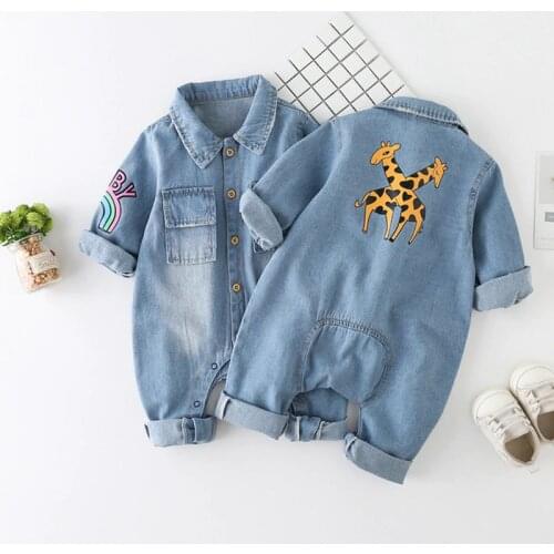 2021 Spring Autumn New Infant Baby Clothing Cartoon Printing Denim One-piece Romper Boys Girls Baby Romper Kids Bag Fart Clothes